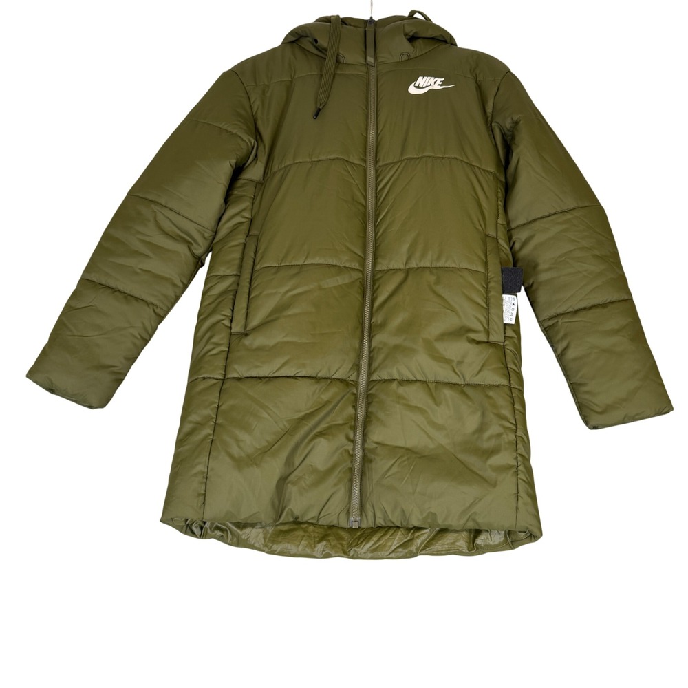 Nike Sportswear Long Puffer Jacket Olive Green Hooded Parka Insulated Coat